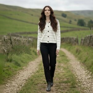 Tahari White & Black Striped Collared Button Front Cardigan M Old Money